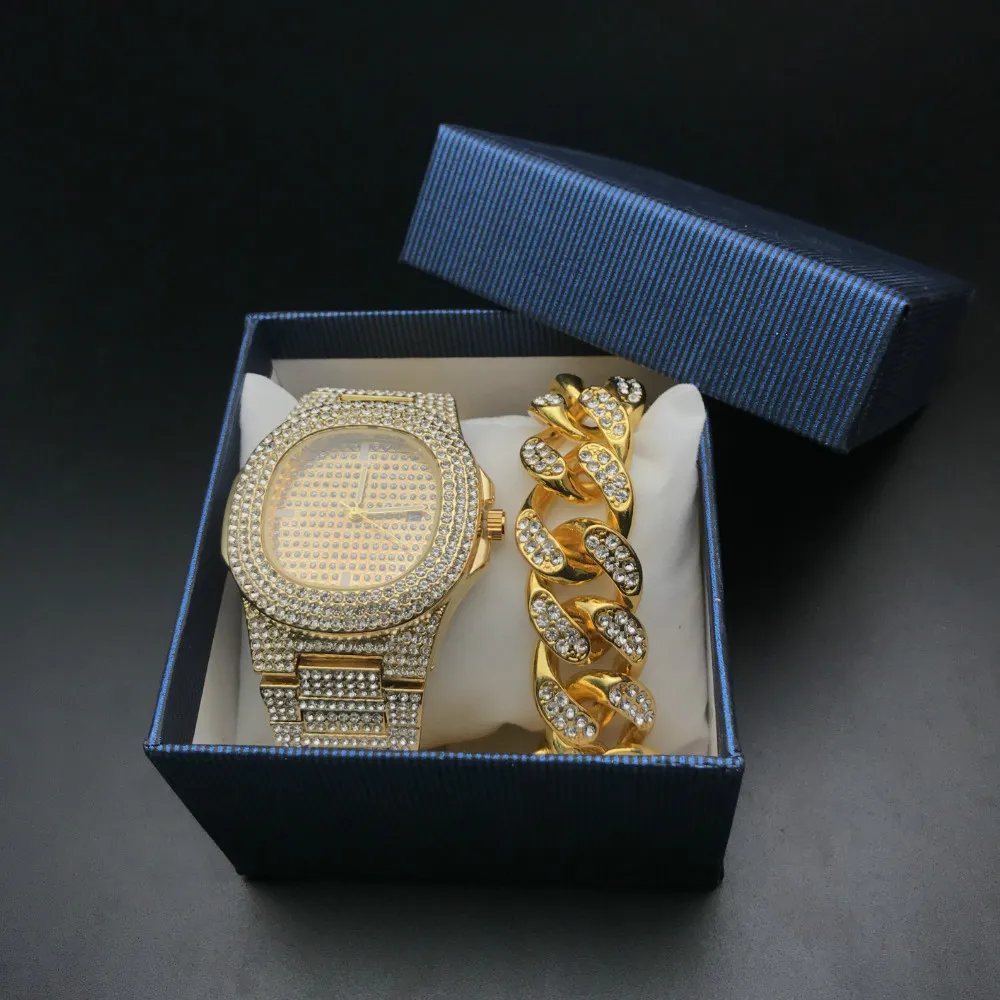 Hip Hop Relojes para hombre Conjunto de pulseras Moda Diamante Iced Out Cadena cubana Reloj de plata y oro Conjunto con caja 201912803