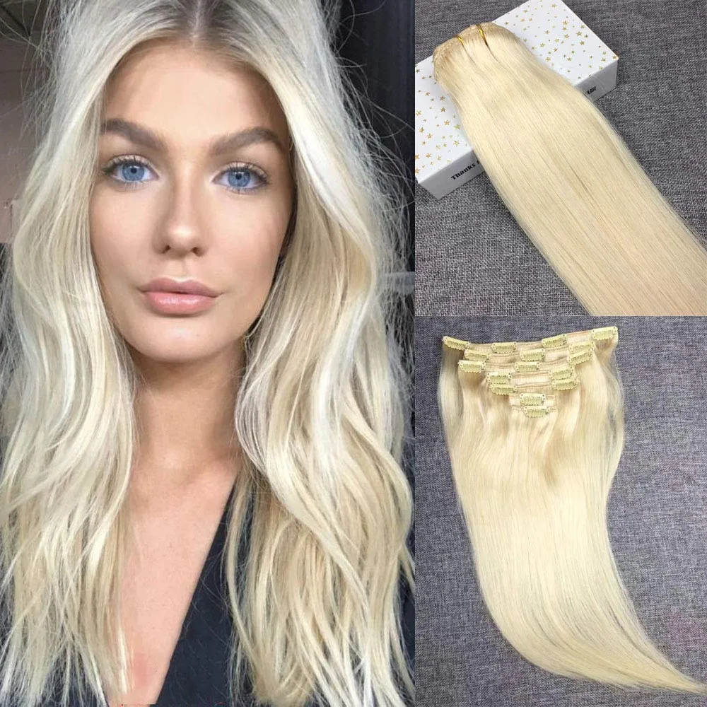 Bleach Blonde Clip in Hair Extensions 24inch 100g #60 Platinum Blonde Remy Real Hair Full Head Human Hair Straight