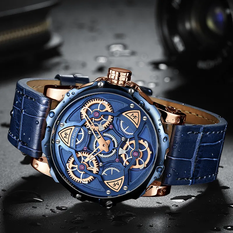 Mini Focus Mens Watches Top Brand Luxury Sport Style Design Quartz Watch Men Blue Leather Strap 30 м.