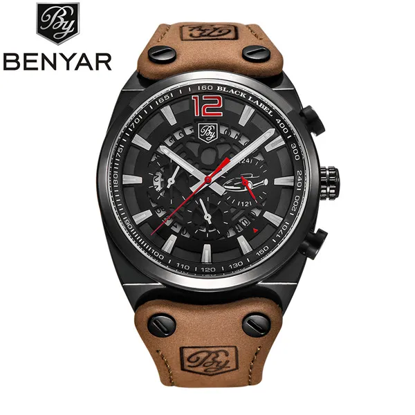 Benyar Chronograph Sport Mens Watches Fashion Brand Military Waterproof Leather Strap Quartz Watch Clock LeLogio Masculino234W