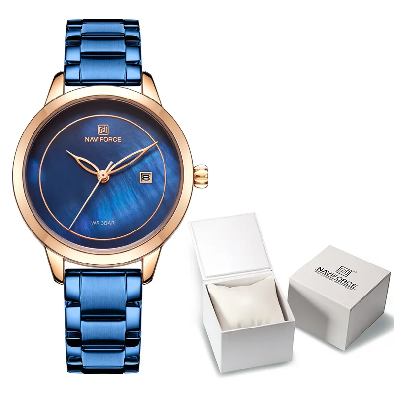 NAVIFORCE – montre-bracelet en acier inoxydable pour femmes, étanche, Simple, bleue, ensemble d'horloge pour filles, 2049