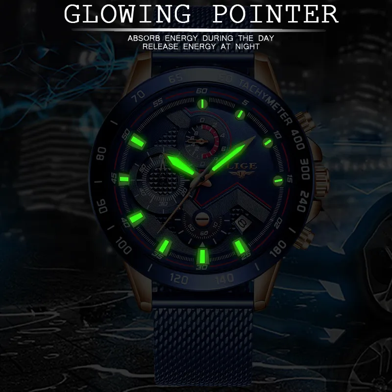 2019 LIGE nuevo reloj informal para hombre, Relojes de pulsera de cuarzo con fecha, cronógrafo deportivo, reloj con correa de malla azul a la moda, Relojes Hombre323T