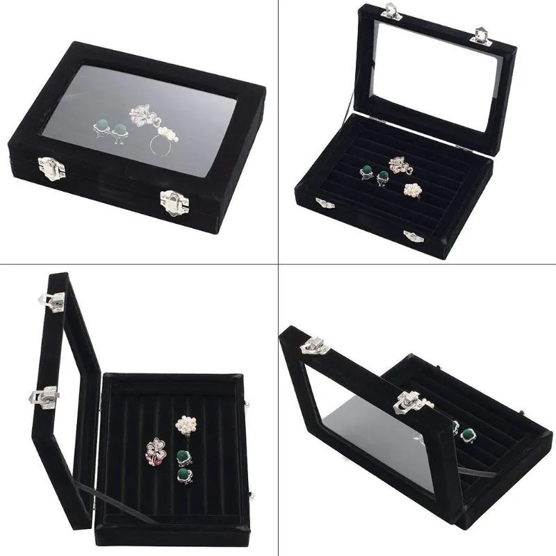 Velvet Glass Ring Earring Jewelry Display Organizer Box Tray Holder Storage Case290U