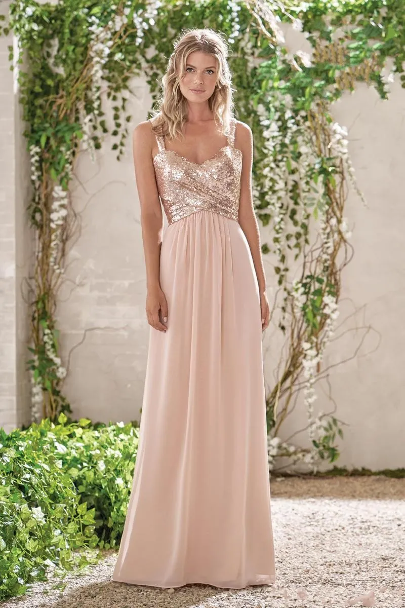Rose Gold Summer Sequined Bridesmaid Dresses Spaghetti Straps Sequins Long Chiffon Ruffles Blush Pink Maid Of Honor Wedding Guest 319A
