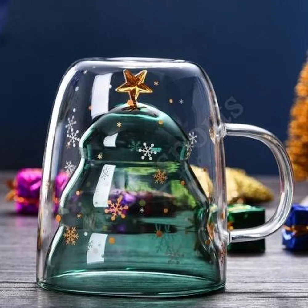 Weihnachtsbaumfestival Glas Becher Becher Hitzebeständige Doppelschicht Gläsern Bottes Frühstück Hafermehl Milk Cup Custom Trinken Mugglas Cup