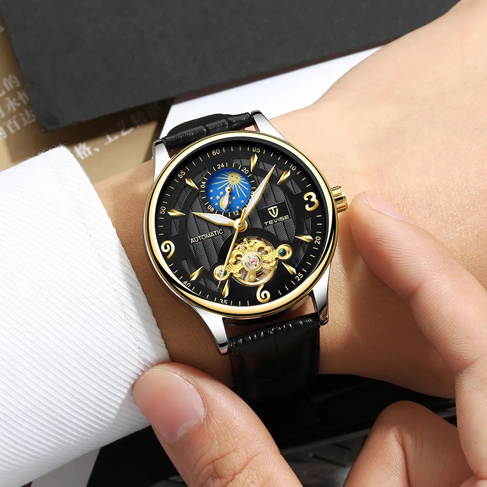 Marque de mode TEVISE hommes montre automatique mécanique bracelet en cuir phase de lune Tourbillon Sport horloge Relogio Masculino254r