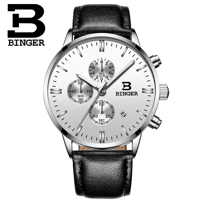 Подлинные BINGER Кварцевые мужские часы Часы из натуральной кожи Racing Мужчины Студенты Game Run Часы с хронографом Мужские светящиеся руки CX200805226y