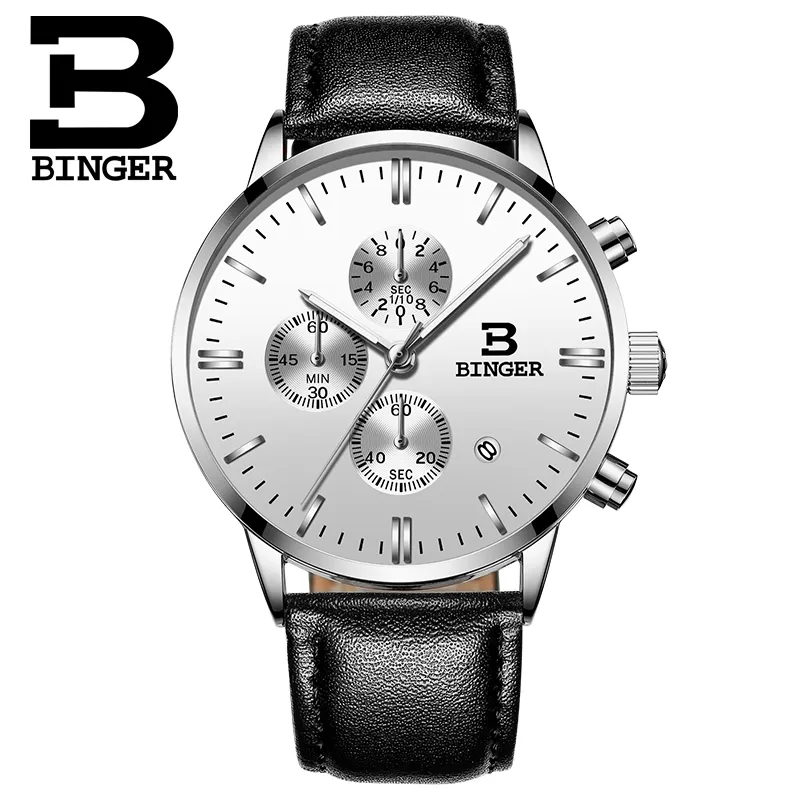 Genuine BINGER Quartz Male Watches Genuine Leather Watches Racing Men Students Game Run Chronograph Watch Male Glow Hands CX200805310J