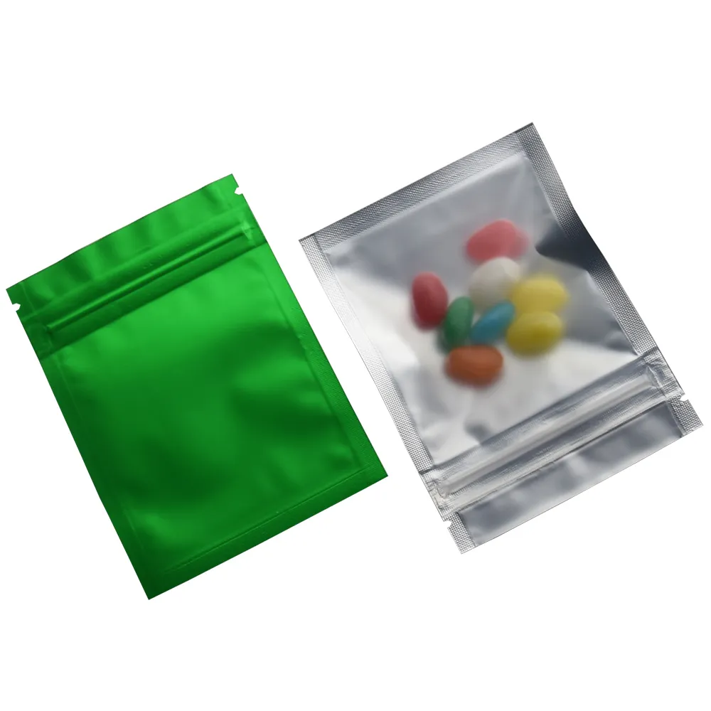 100 Pçs / lote 7 5 10cm Verde Mylar Fosco Zip Lock Transparente Pacote Frontal Sacos de Folha de Alumínio Reclosable Saco de Alimentos Cápsula de Armazenamento de Doces 296k