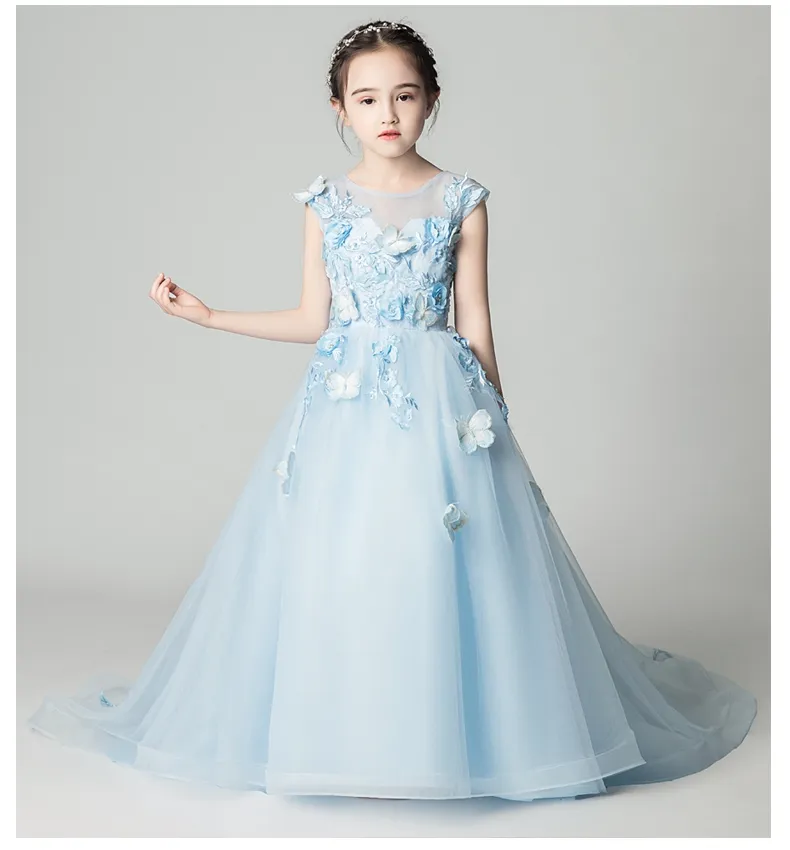 Robe de soirée d'anniversaire de reconstitution historique de sirène fille bleu clair perles Appliques fleurs fille robe de princesse moelleux enfants première Communi220k