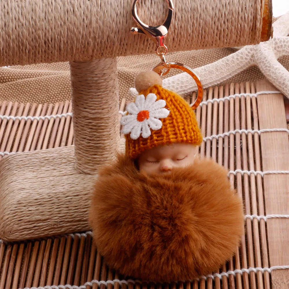 winter Cute Fluffy Pompom Sleeping Baby Doll Keychains Soft Faux Fur Ball Pendant Key Chain Car Keyring Cellphone Charm241J