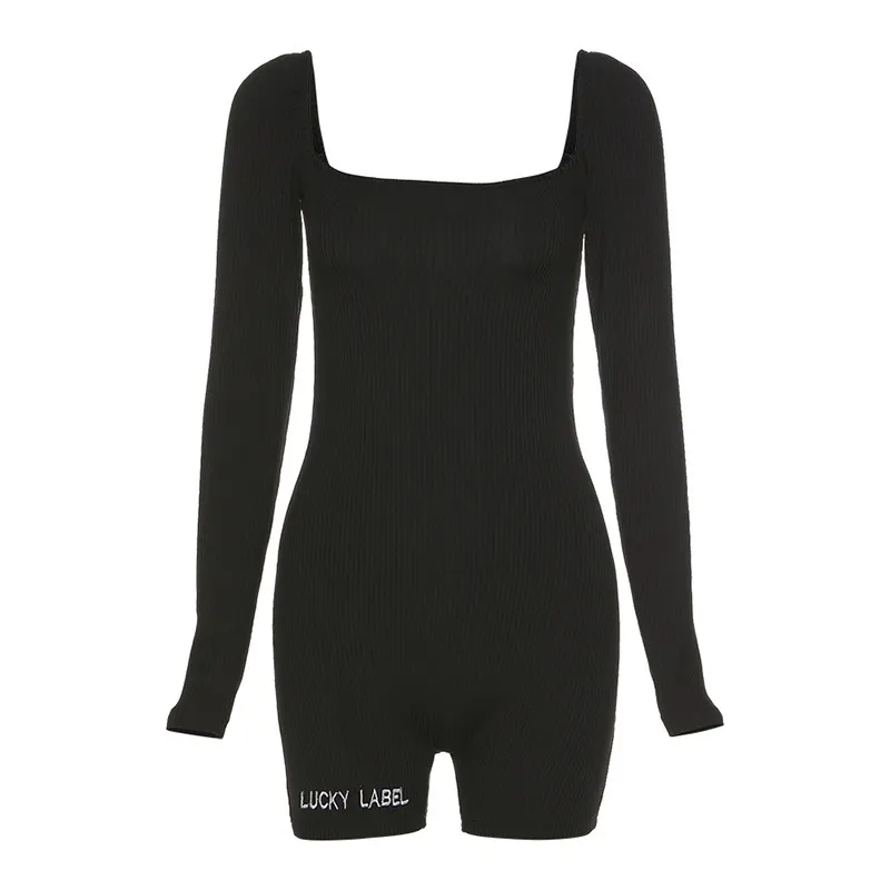 Dames Streetwear Black Skinny Bodysuit Lange Mouw Hoge Taille Vierkante Kraag Jumpsuit Fitness Workout Joggers Sportkleding Backless T200618