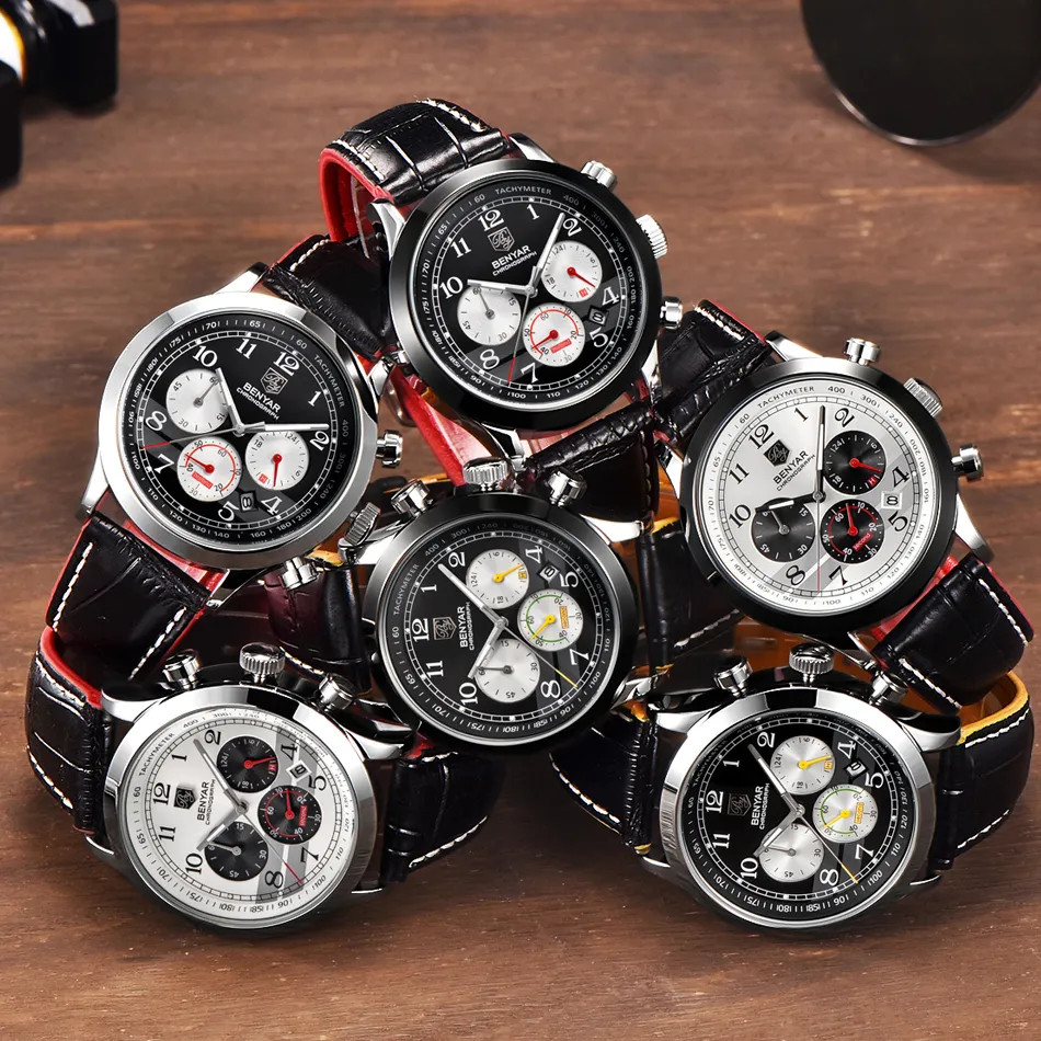 Бренд BENYAR, спортивные водонепроницаемые мужские часы с хронографом, лучший бренд, роскошные мужские кожаные кварцевые военные наручные часы, мужские часы saat287g