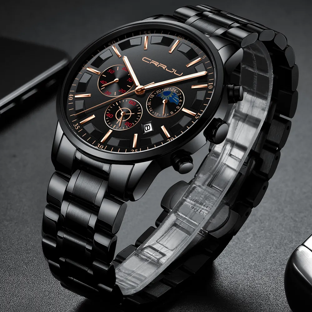 CRRJU montres pour hommes Top marque de luxe Sport Quartz tout acier mâle horloge militaire Camping étanche chronographe Relogio Masculino ne2534