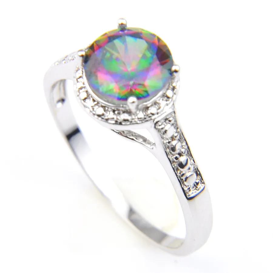 Luckyshine Classic Vintage Fire Round Rainbow Mystic Topaz Rings 925 Silver Zircon Women Lover's Ring for Holiday Wedding Par286n
