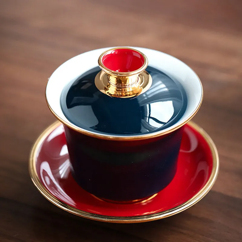 Mariage rouge Gaiwan ligne d'or soupière à thé en céramique porcelaine grand bol à thé verres pour la décoration de la maison 318P
