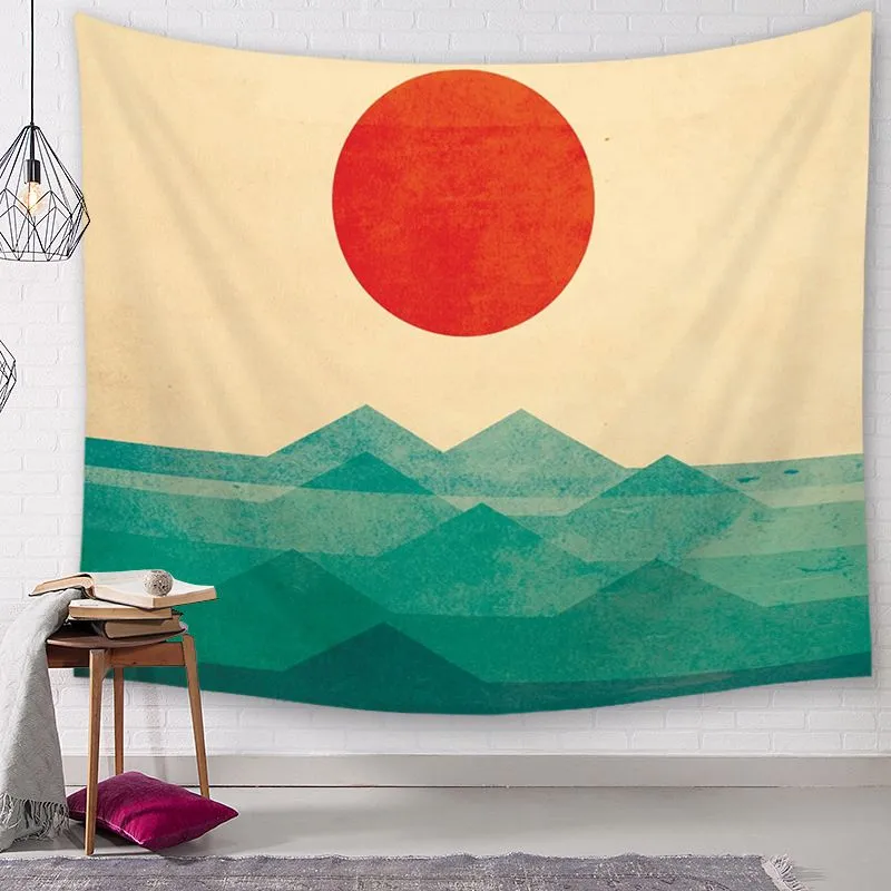 Tissu polyester décoration murale vintage style japonais tapisserie soleil et océan suspendu art vague de mer tapiz tenture mural301Z