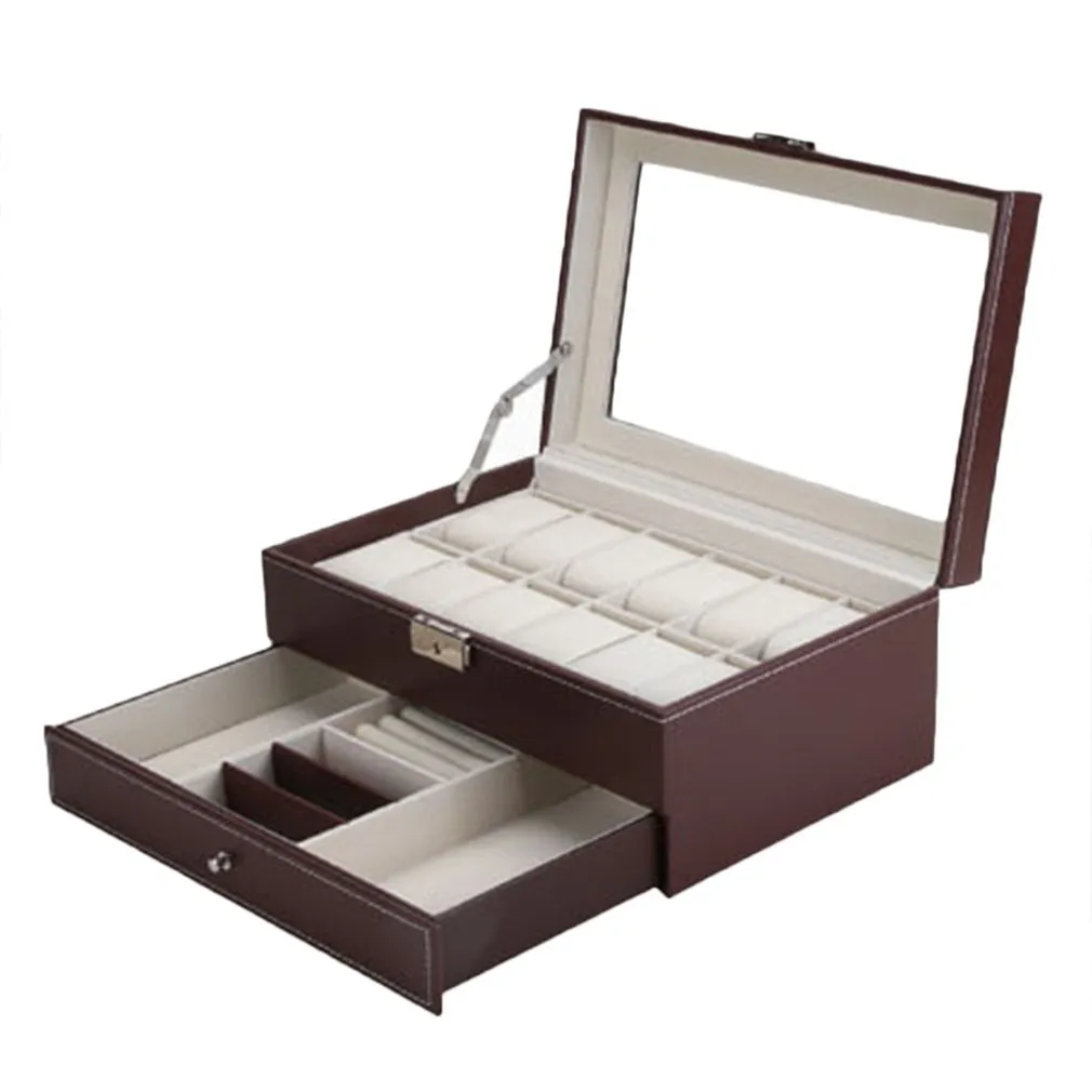 Professionele 12 Grids Slots Horloges Opbergdoos PU Leer Dubbele Lagen Horloge Sieraden Case Houder Zwart Bruin Kist Box 2019322i