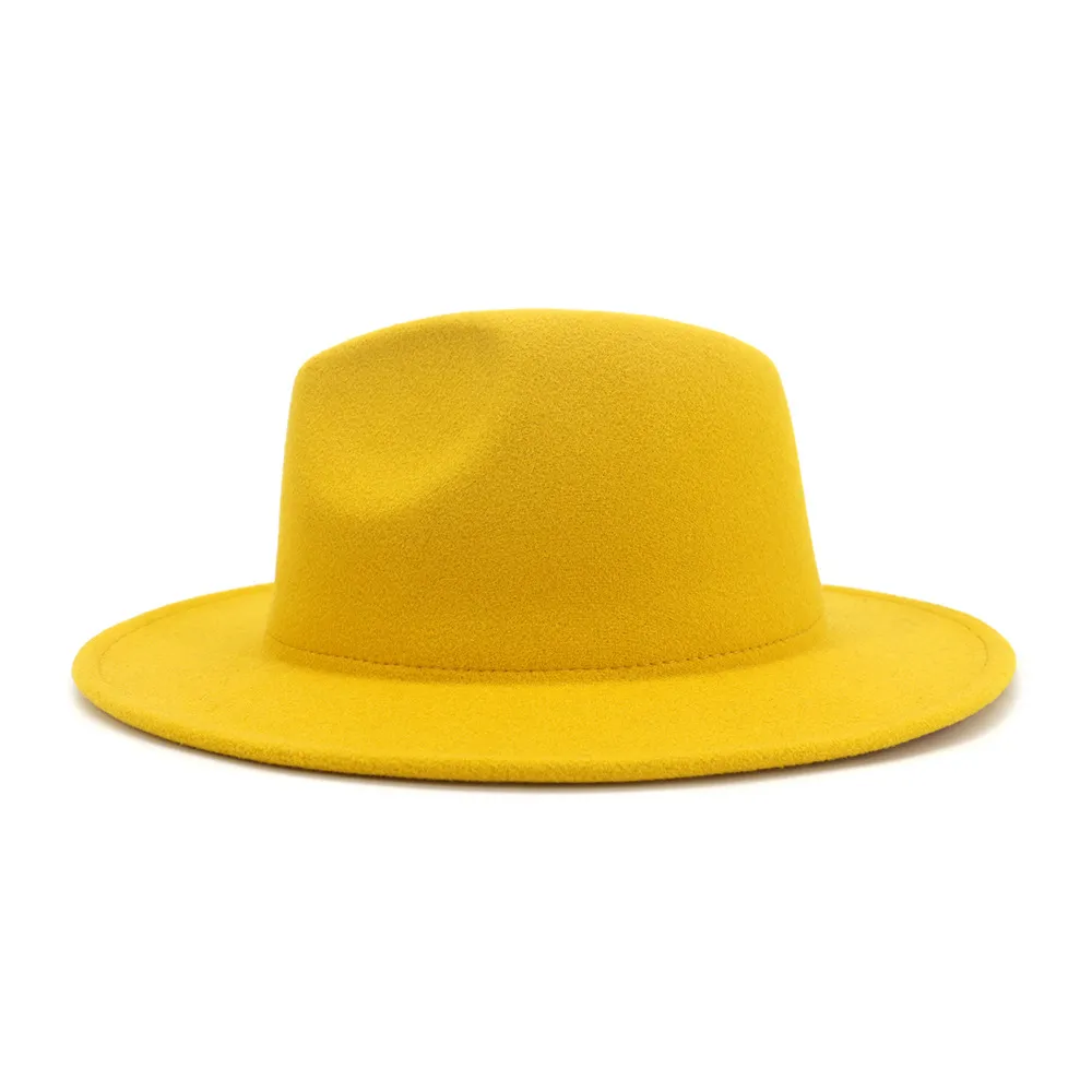 Chapeau en feutre de Jazz pour hommes et femmes, extérieur jaune, intérieur, rose, Patchwork, Panama, chapeaux Fedora à large bord avec bande en feutre, Trilby Cap277M