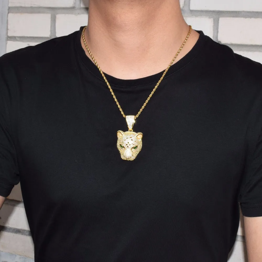 Gold Star Hip Hop Jewelry Leopard head Pendant Men Animal Necklaces Gold Rock Street Ice Out Necklace with chain252R