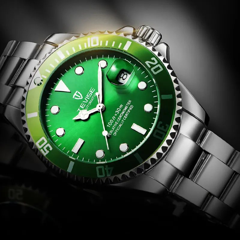 Tevise Green Water Ghost Men Quartz Watch Calendar 방수 비즈니스 시계 스테인레스 스틸 밴드 클럭 Relojo Mascuino249i