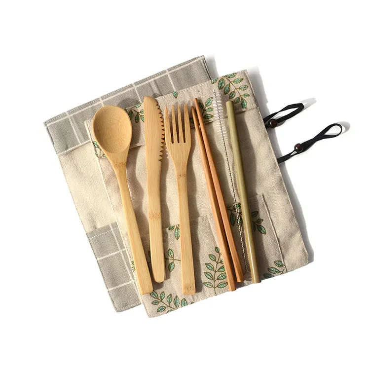 Kit de couverts en bambou, ensemble de voyage, fourchette, baguettes, couteau, cuillères, brosses en paille, portable, pique-nique en plein air, écologique, 6 pièces