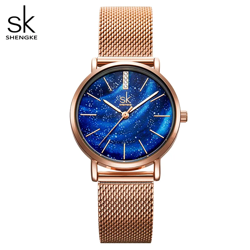 Shengke Women Watches Starry Green Dial Reloj Mujer Ladies Wristwatch Ultra-Thin Stainless Strap Quartz Montre Femme Gift218g