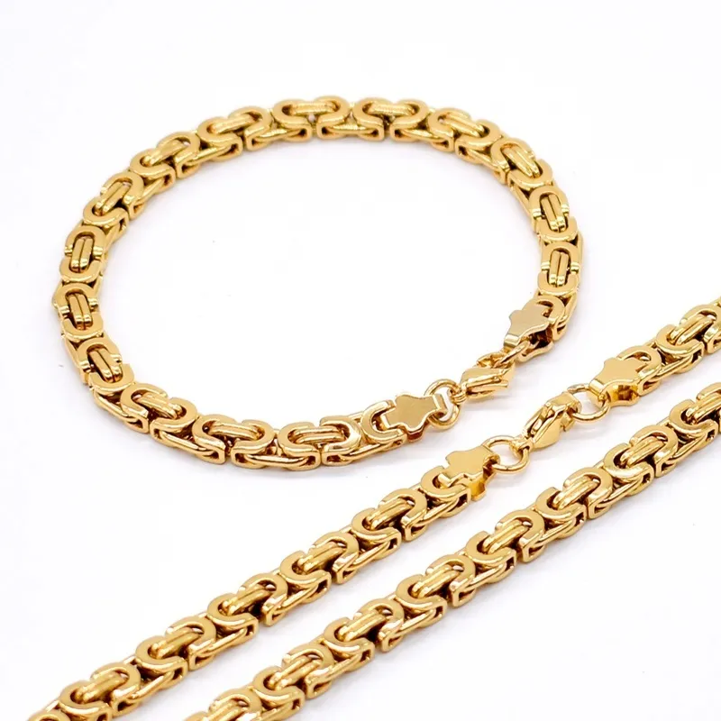 Set di bracciali con collana in acciaio inossidabile con catena color oro da uomo di larghezza 6 mm, gioielli di moda bizantini piatti228j