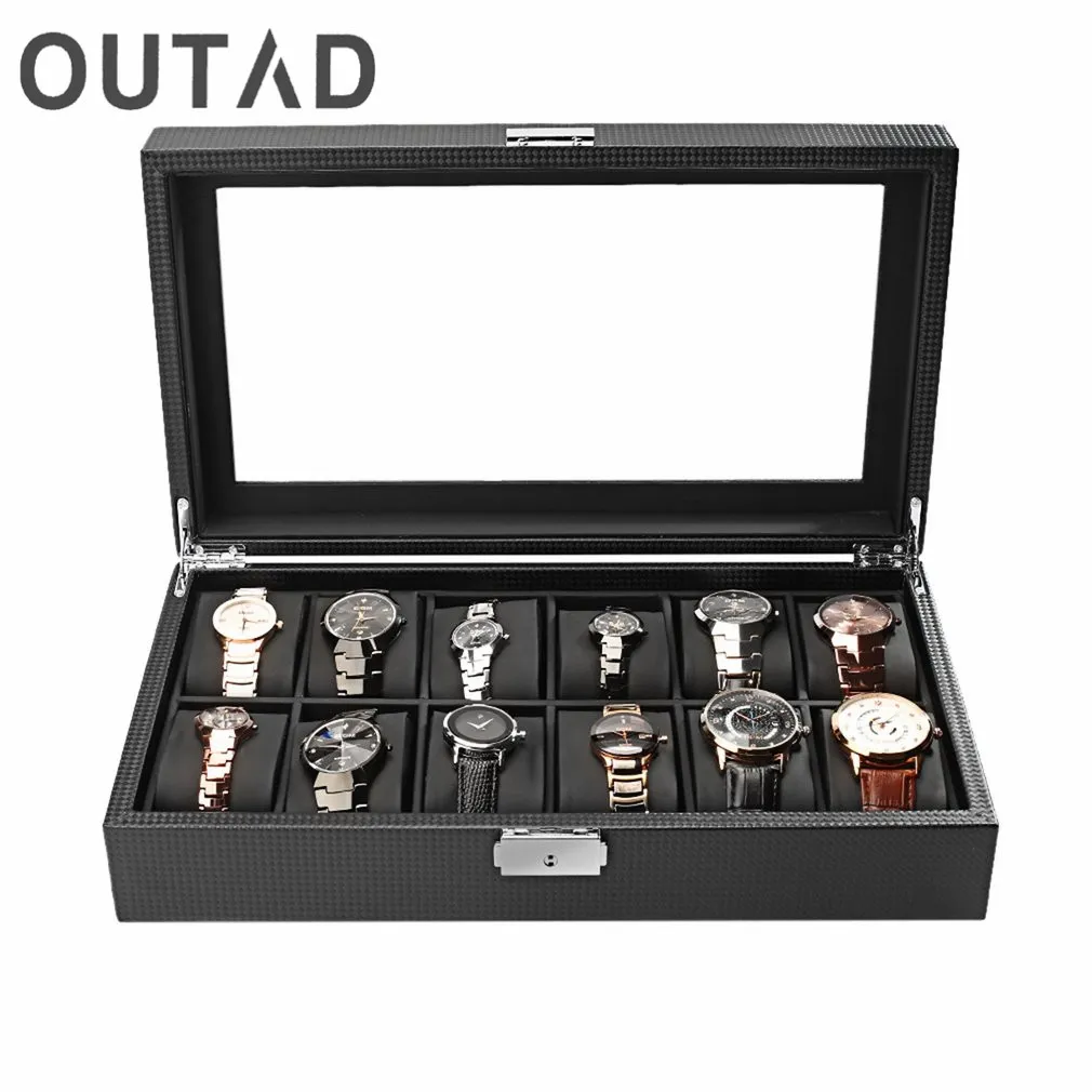 Leatherette 12 Slot Carbon Watch Box Fiber Design Jewelry Display Storage Holder Winder Black Large Watchs Box saat kutusu1291b