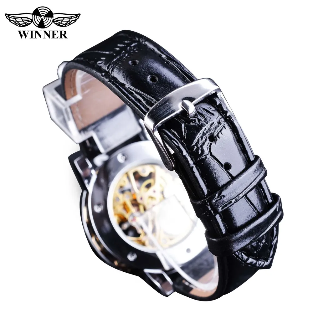 Zwycięzca Czarne złote retro Luminous Hands Fashion Diamond Diamond Diamond Męskie mechaniczne szkieletowe zegarki na nadgarstek