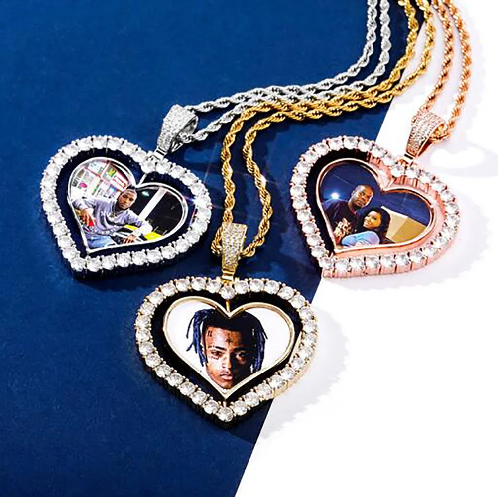 Pendentif Po en forme de cœur d'amour rotatif pour hommes et femmes, sur mesure, Double face, photos, collier, cadeaux, en Zircon, 295p