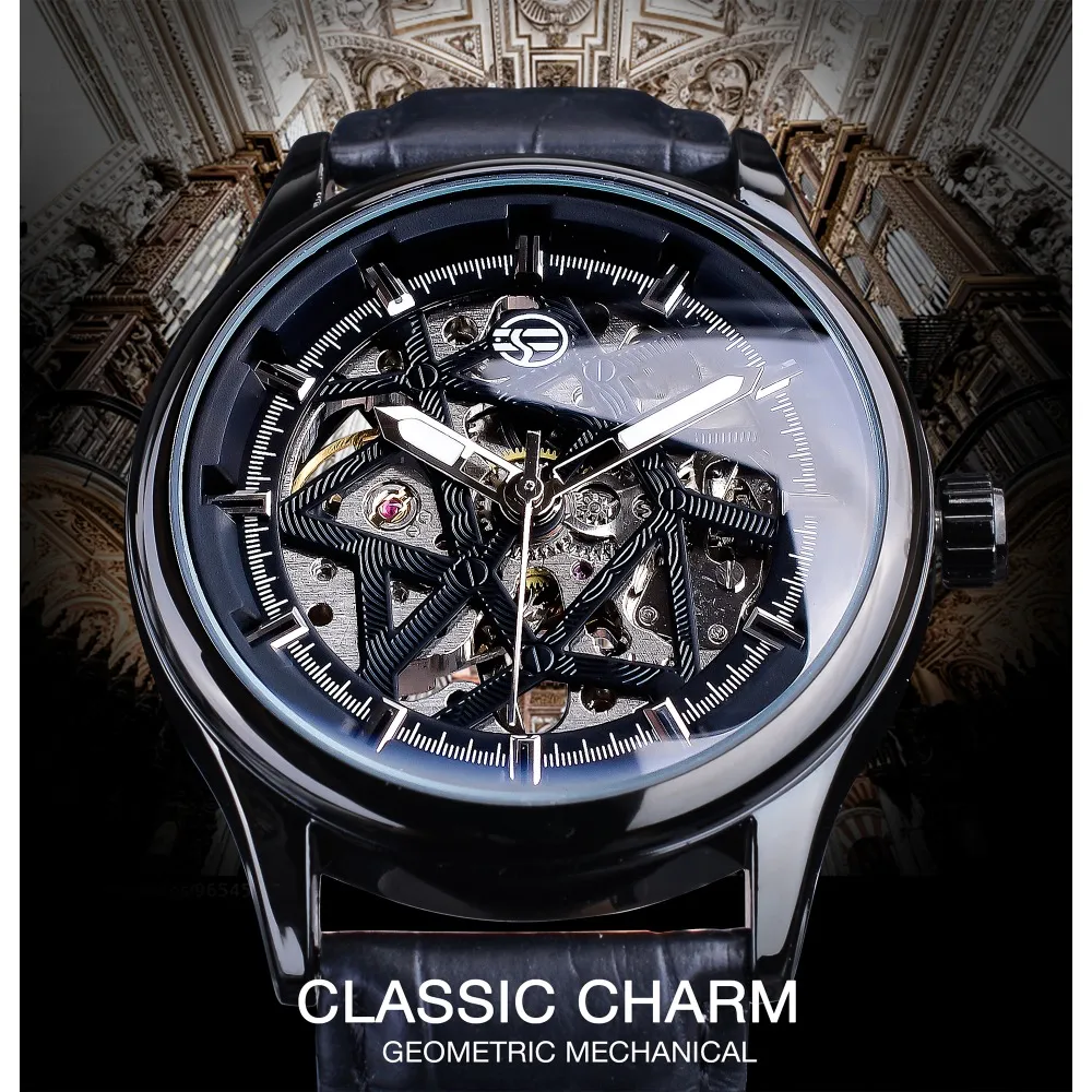 ForSining Full Black Fashion Classic Mechanical Hevischs For Men Black Band Luminous Hands Heren Horloge Skeleton Clock Male259i