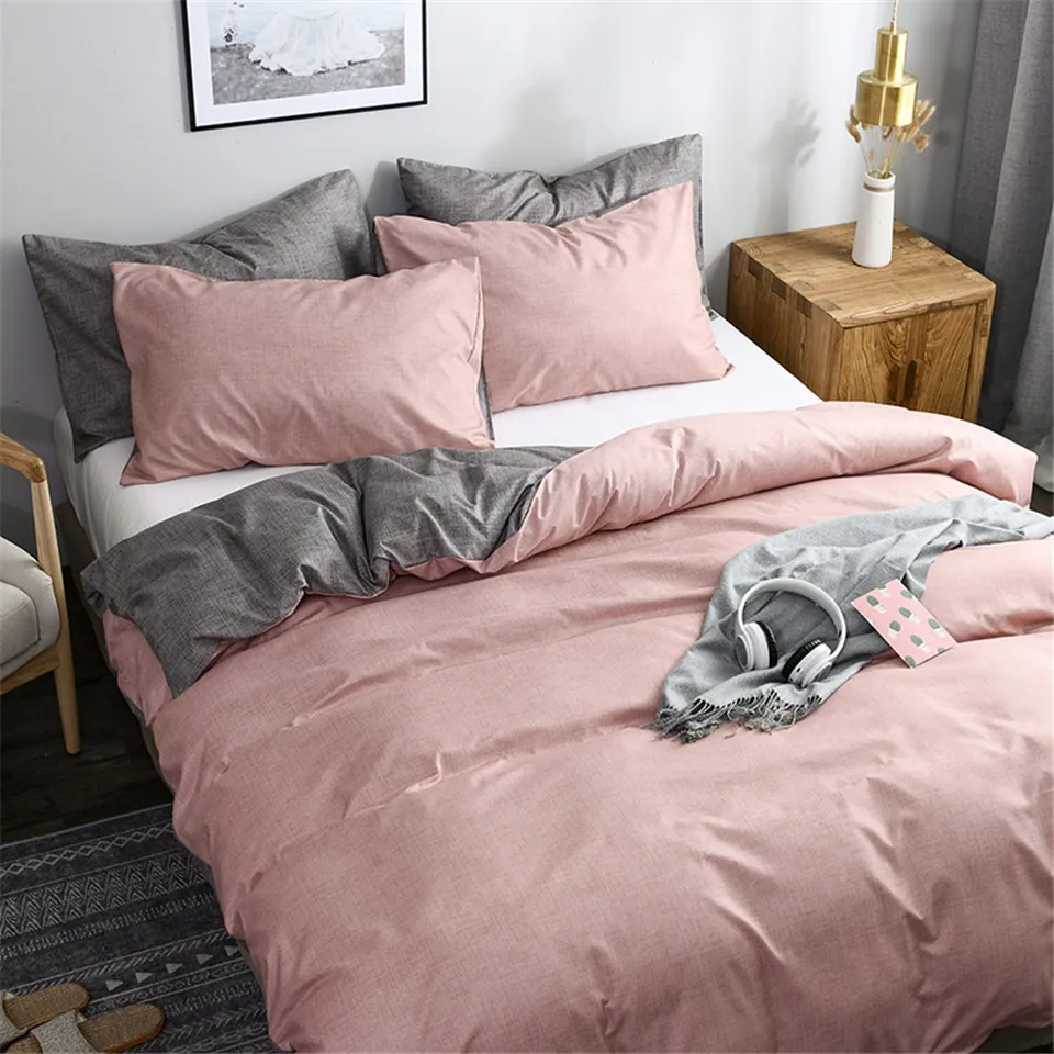 羽毛布団カバーセットピンクと灰色のABサイドテクスチャプリントプレーンカラー寝具セットシングルソリッドキングサイズ掛け布団枕カバー302W