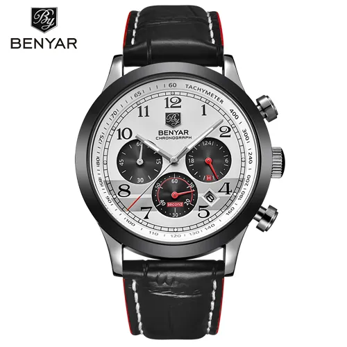Benyar Brand Sport Waterproof Chronograph Men Watch Top Brand Luxury Man Leather Quartz Military Wrist Watch Men Clock SAAT227D