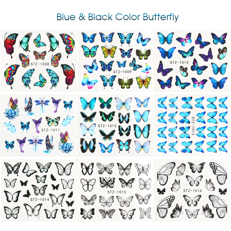 30 Stile Schwarzer Schmetterling Nagelaufkleber und Aufkleber Blume Blau Buntes Wasser Tattoo für Maniküre Nail Art Slider Dekor NP0025118521
