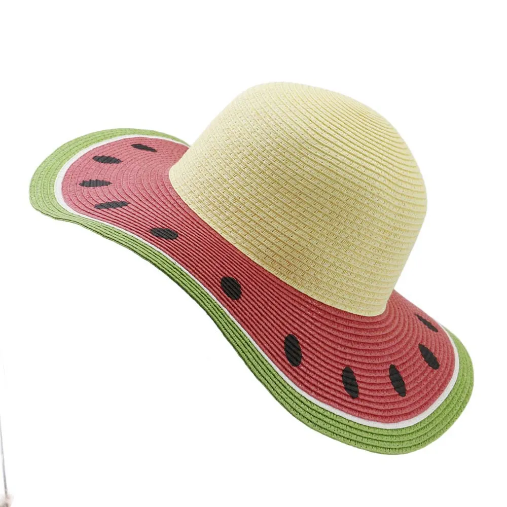 Summer Women Foldable Paper Straw Sun Hats Sombrero Wide Brim Beach Sun Visor Cap Ladies Sweet Watermelon Color Foppy Hat242G