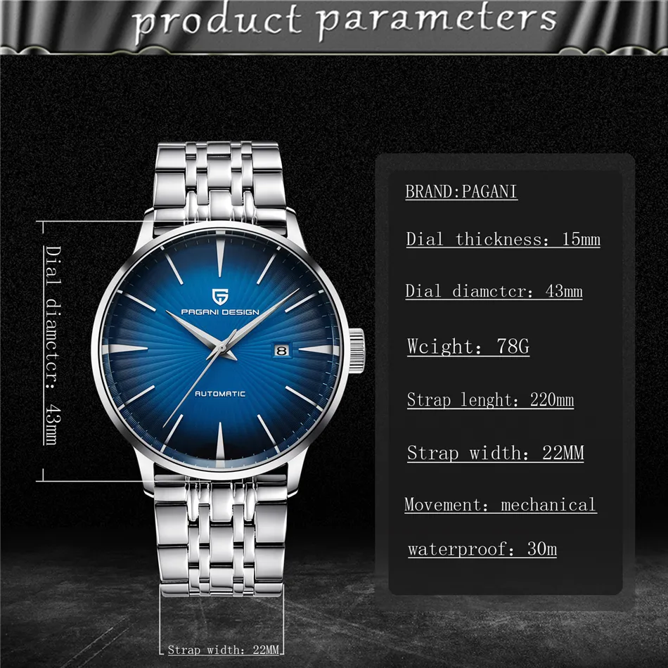 PAGANI DESIGN hommes mode décontracté montres mécaniques étanche 30M en acier inoxydable marque de luxe automatique montre d'affaires sa291x