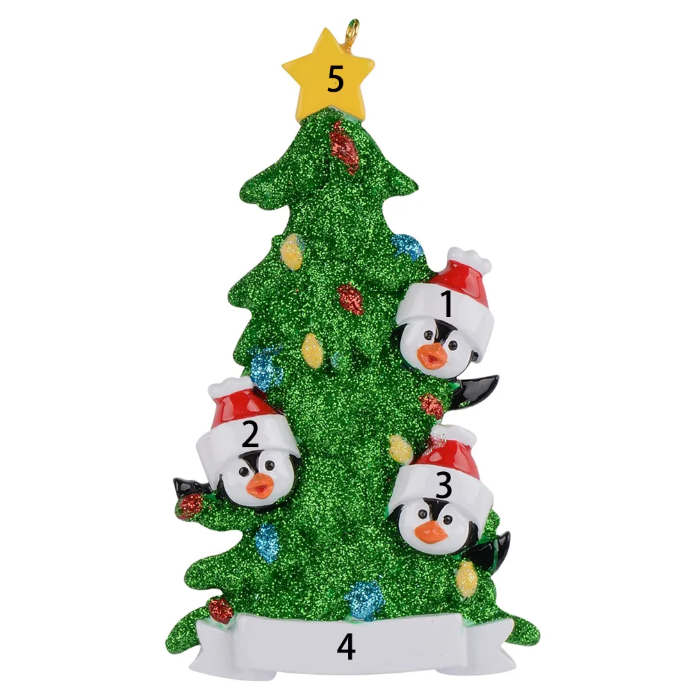 Famille de pingouins en résine de 3 4 5 6 7, ornements de Noël personnalisés avec arbre vert comme décoration de maison de vacances, fournitures artisanales miniatures 291h