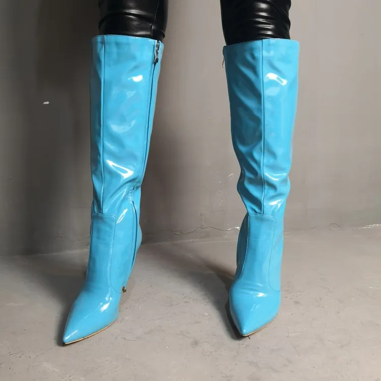 Rortic New Women Knee High Boots 섹시한 Stiletto 하이힐 부츠가 뾰족한 발가락 라이트 블루 패션 신발 여성 플러스 미국 크기 5-15