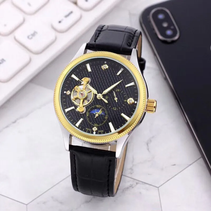 Лучший бренд, золотые мужские часы, 40 мм циферблат, Фаза Луны, водонепроницаемые модные мужские наручные часы, механические автоматические часы с кожаным ремешком для 262S