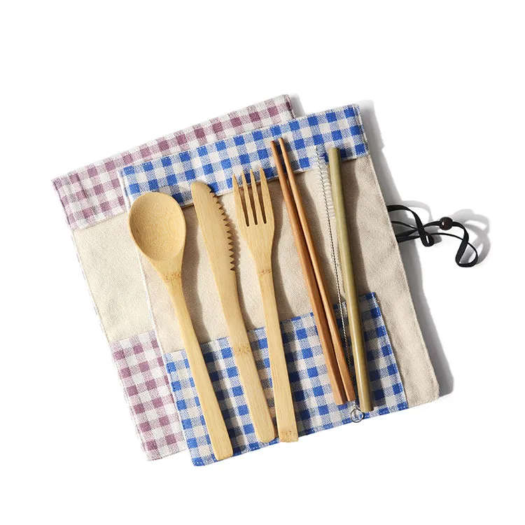 Bamboo cutlery kit travel set fork chopstick knife spoons straw brushes portable outdoor picnic eco friendly 