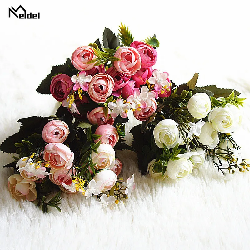 Kunstbloemen 13 koppen 1 Bundel Wit Rose Bouquet Polyester Silk Roses Roze trouwhuis Decoratie Fake Plants Flower260x