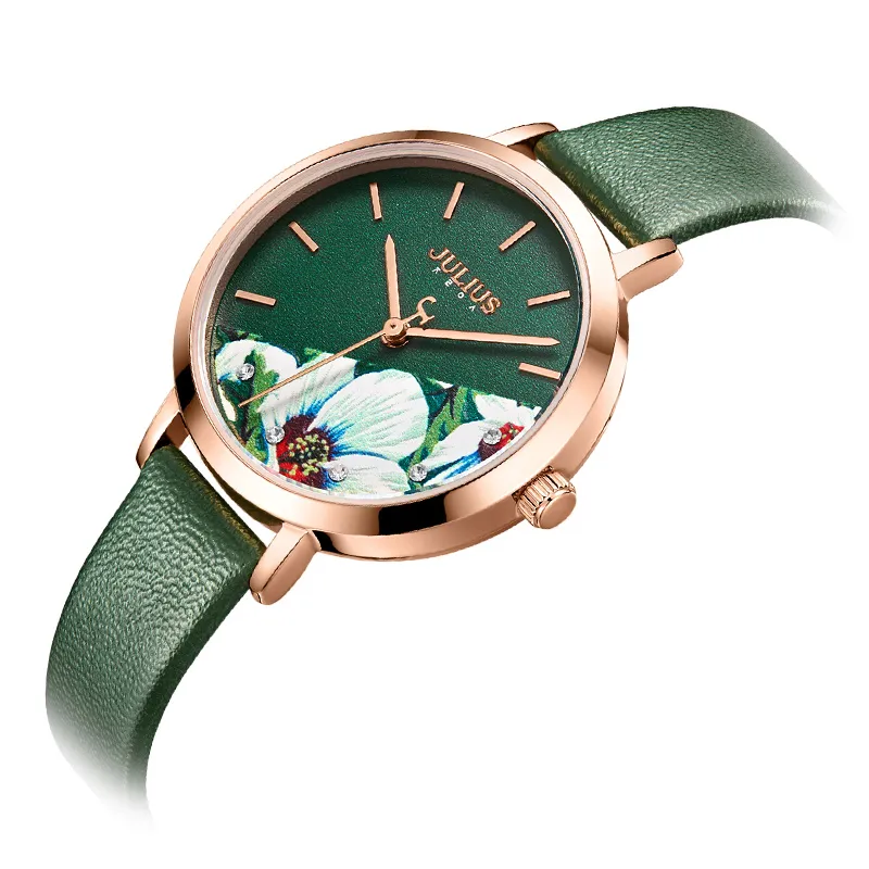 2022Julius Titta på Green Fresh Girl Fashion Watch Flower Design Delicate Presentklocka för GF med presentförpackning JA-1089261S