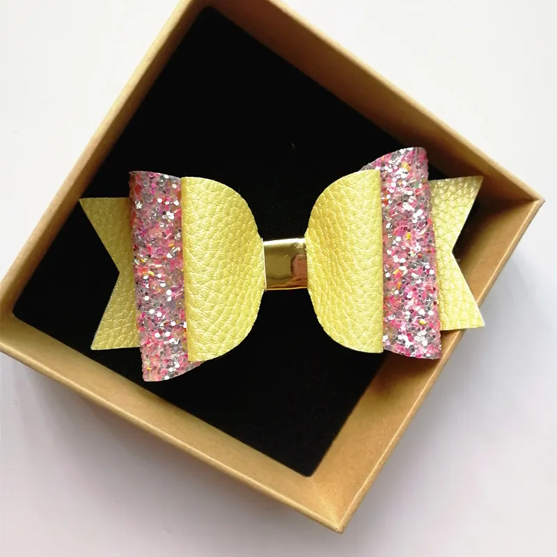 Mode 12st vackra flickor pu-läder glitter lapptäcke stora bowknots 10 5 cm hårnålar söta barn rosa gula hårtillbehör
