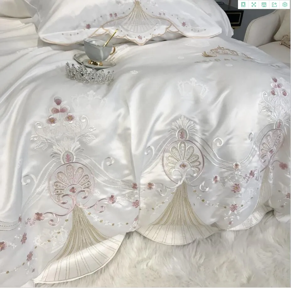 Luxo europeu jacquard conjunto de cama 4 pçs branco bordado capa cama cetim sedoso algodão princesa colcha capa edredão lençol pillowc2474