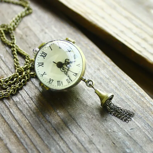 Hela marknadsföring Retro Vintage Bronze Quartz Ball Glass Pocket Watch Necklace Chain Steampunk Jun 1181E
