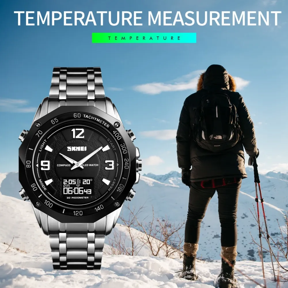 Skmei 3 Time Watch Men Compass Calorie armbandsur Mens Thermometer Stopwatch Male Watches Digital Sport Relogio Masculino 1464301o