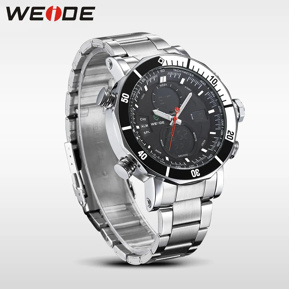 WEIDE Mens Quartz Digital Sports Auto Date Back Light Alarm Repeater Multiple Time Zones Stainless Steel Band Clock Wrist Watch222O