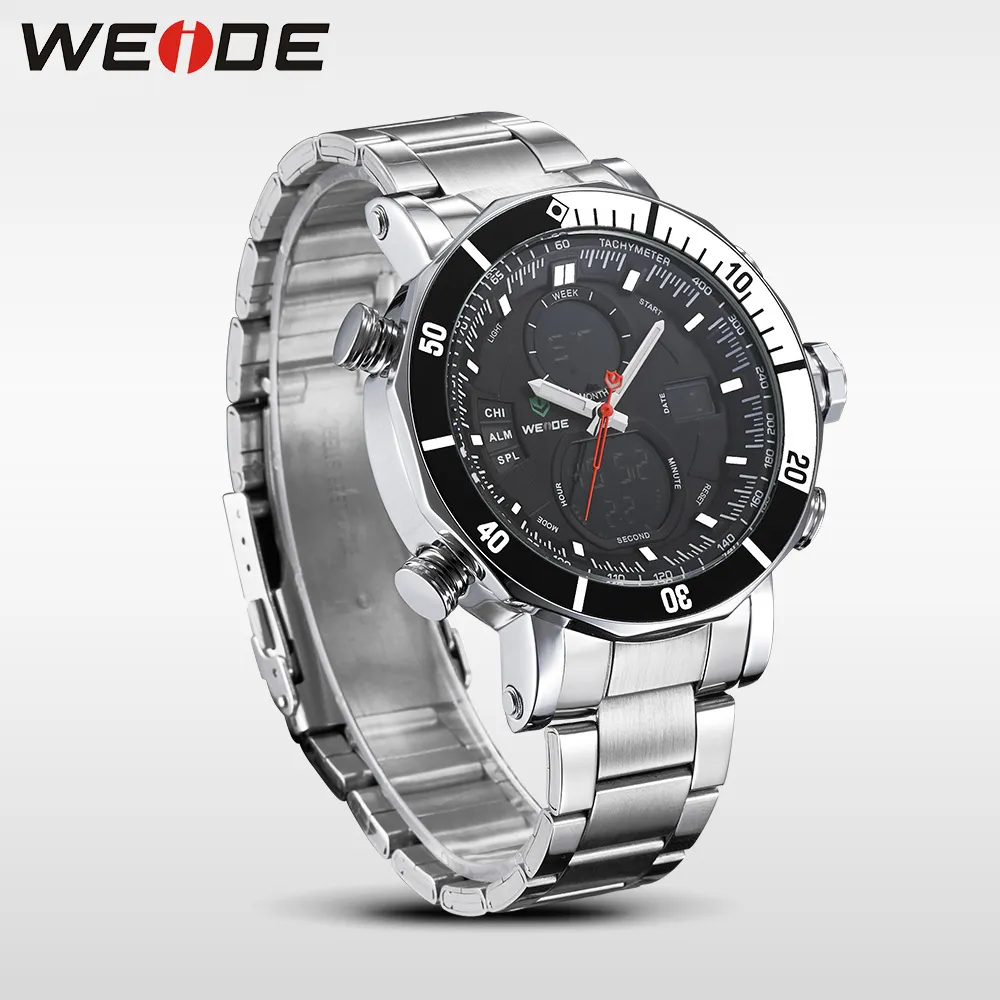 WEIDE Mens Quartz Digital Sports Auto Date Back Light Alarm Repeater Multiple Time Zones Stainless Steel Band Clock Wrist Watch209Q