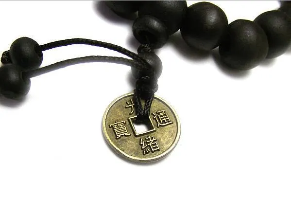 Moeda de cobre paz charme pulseira muyu 12mm imitação pá contas pulseira de madeira budista promocional associado ornamento wy4602277
